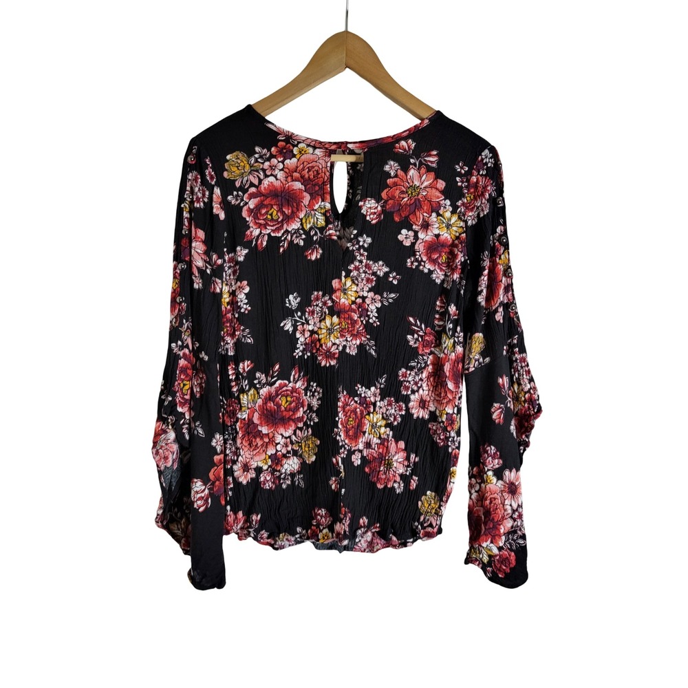 Gypsies & Moondust Floral Bell Sleeve Smocked Blouse Black Red M Dark Boho